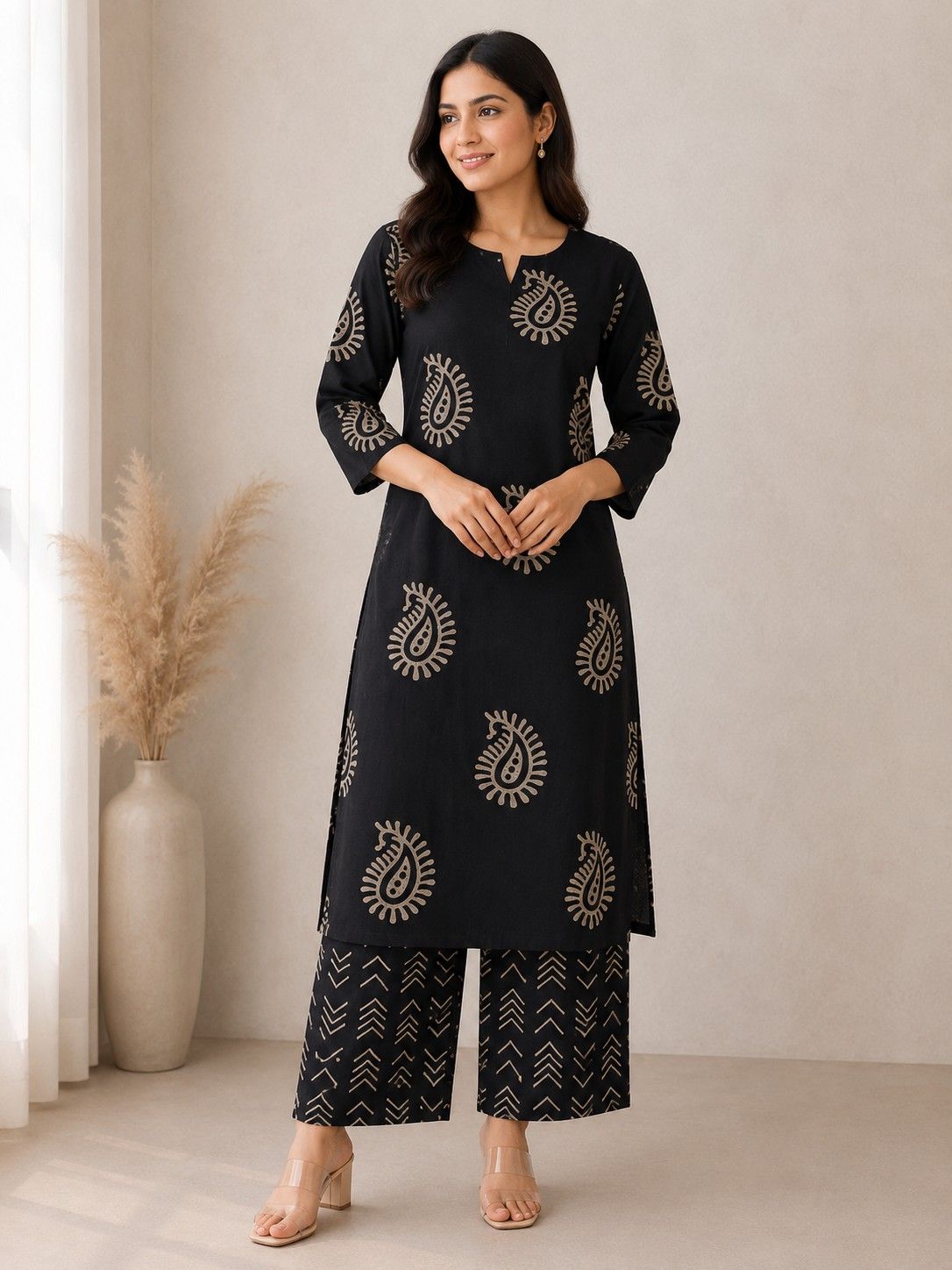 Black block printed coords